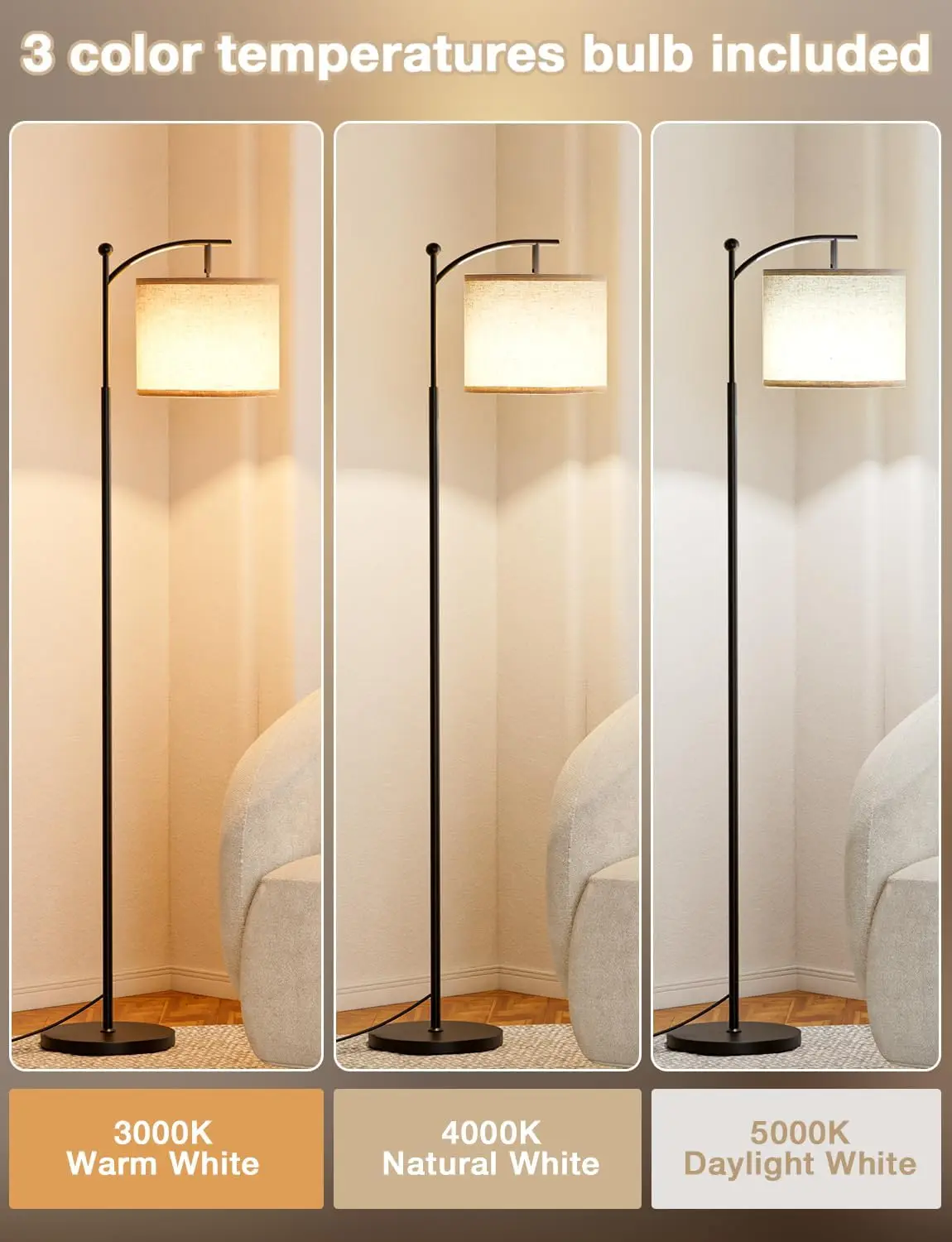60‑Inch Modern Floor Lamp, Beige Lampshade, 9W LED Bulb Included