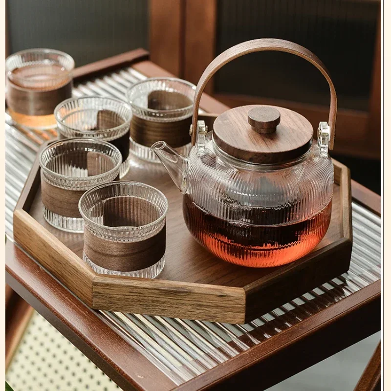 High-End Office Tea SetVintage Vertical Pattern Chinese Home Teapot High Borosilicate Glass Cup Perfect Tea Gift Set