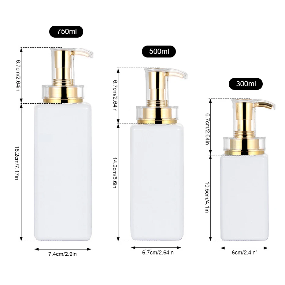 Square Soap Dispenser Bottle Shampoo Body Wash Container with Gold Pump Hand Press Refillable Soap Bottle Waterproof Labels