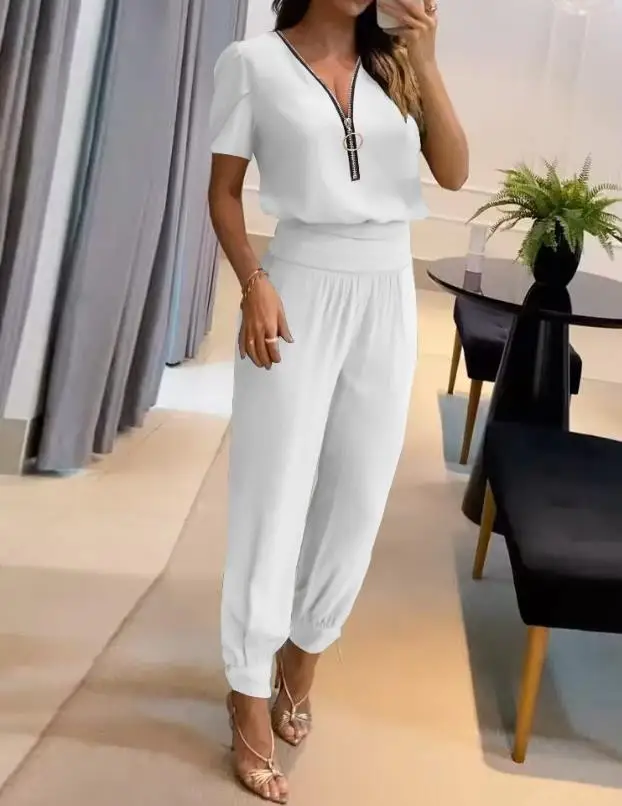 Conjunto de dos piezas para mujer, Top de manga abombada con cuello en V y pantalones informales de cintura alta con bolsillos y puños, moda de