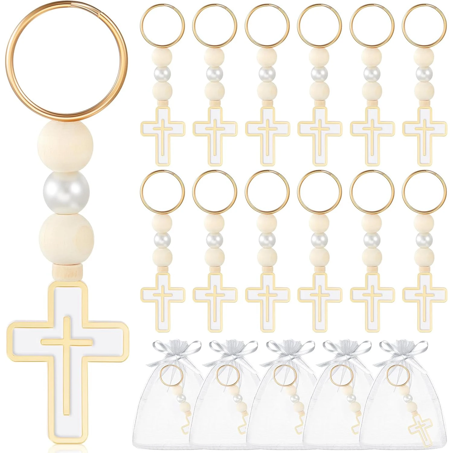 1 Set First Holy Communion Favors  Cross Crucifix Keychain White Organza Bag Baptism Favors First Communion Gifts