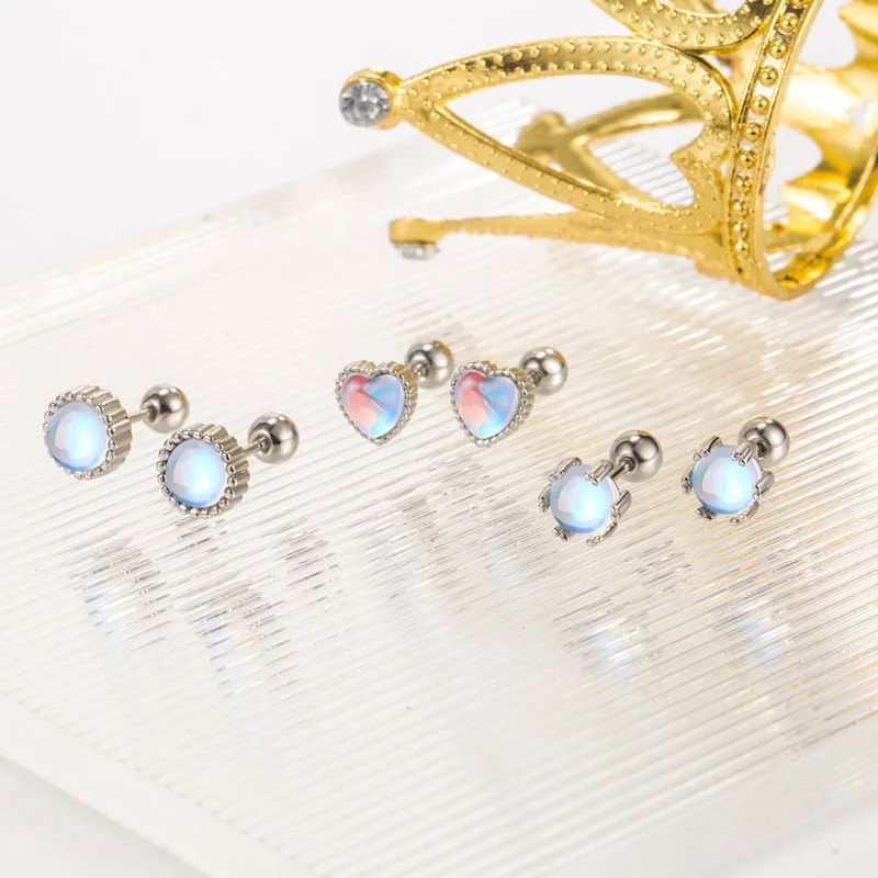 Fashion Girl Clover Stud Earring - Women's Gift Lady with Moonlight Stone Heart Leaf Pearl Mermaid Tail Deer Jewelry