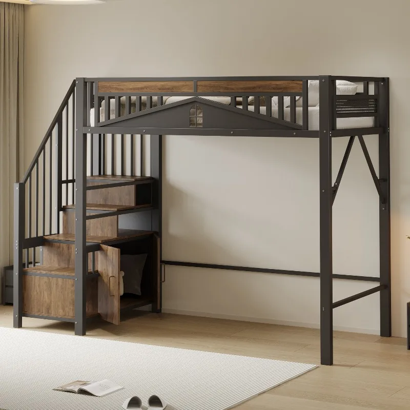 Lit mezzanine en métal avec marches de rangement, taille double 90x200 cm, tiroirs et armoire intégrés, garde-corps de sécurité unique pour fenêtre, structure robuste noir/blanc, capacité 120 kg, pour chambre d'enfant, espace de jeu et d'étude