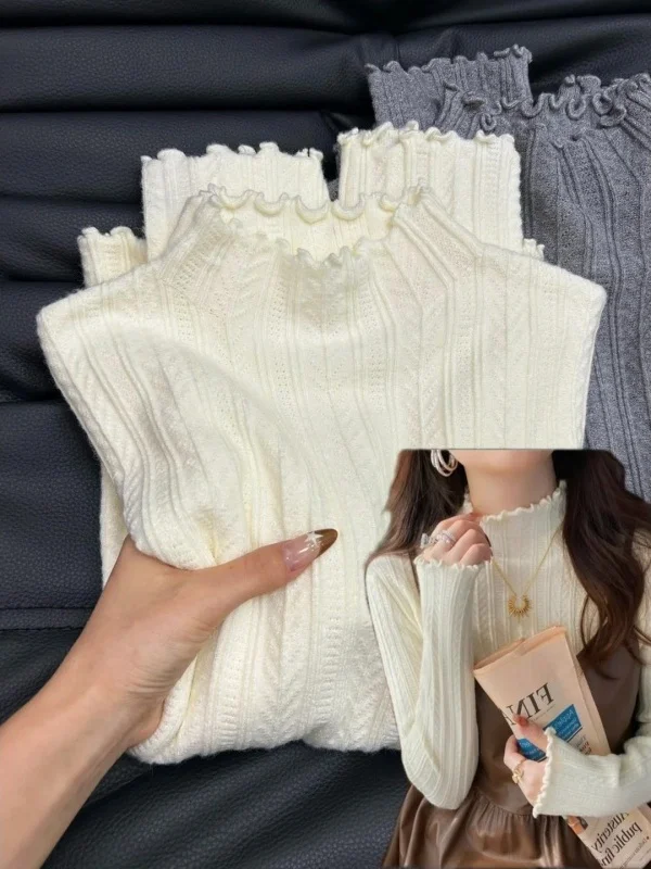 Miu Sle Maglione lavorato a maglia da donna Inverno Slim Fit Abbigliamento interno Strutturato f Collo alto Base irt Top Maglieria in legno