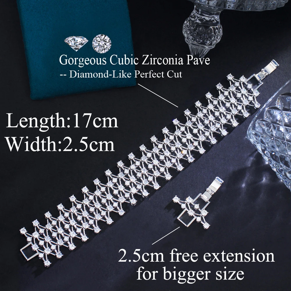 BeaQueen Shiny Round Cubic Zirconia Silver Color Hollow Cut Wide Big Bangle Bracelets for Women Wedding Party Jewelry Gifts B250
