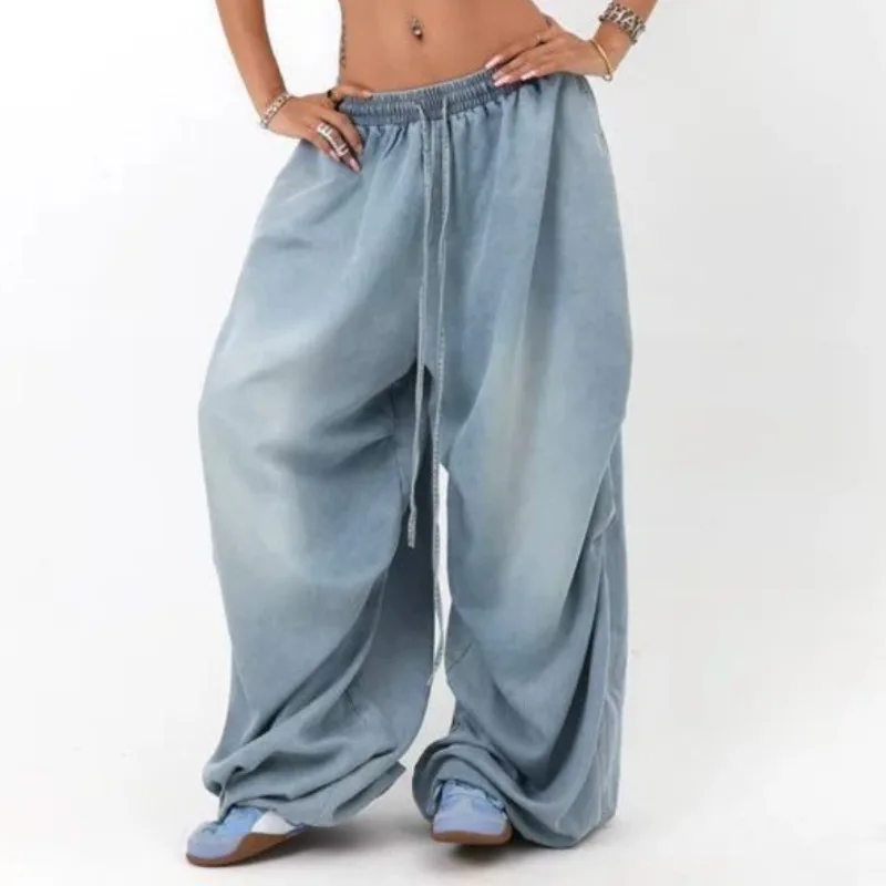 Hksh primavera outono novas mulheres jeans baggy cordão cintura elástica angustiado lavado denim versátil retro chique calças hk14499