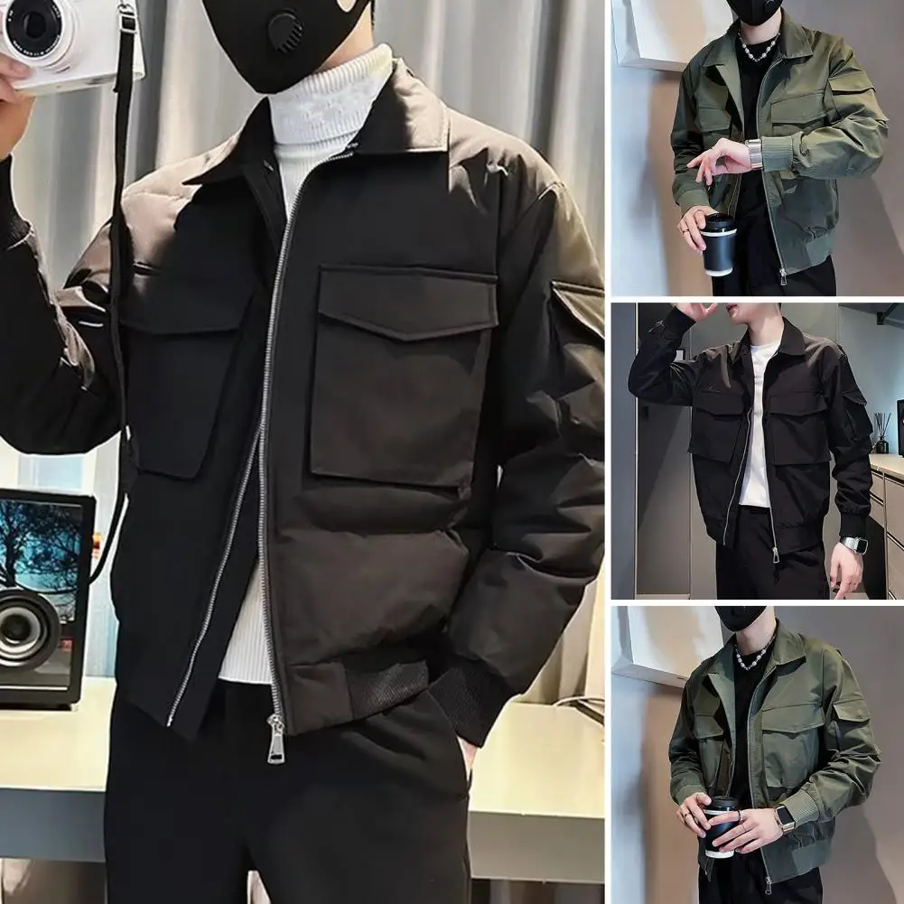 

Men Coat Men's Solid Color Zipper Closure Jacket with Multiple Pockets Lapel Buttons Hop Streetwear Coat for Smooth Style Zipper