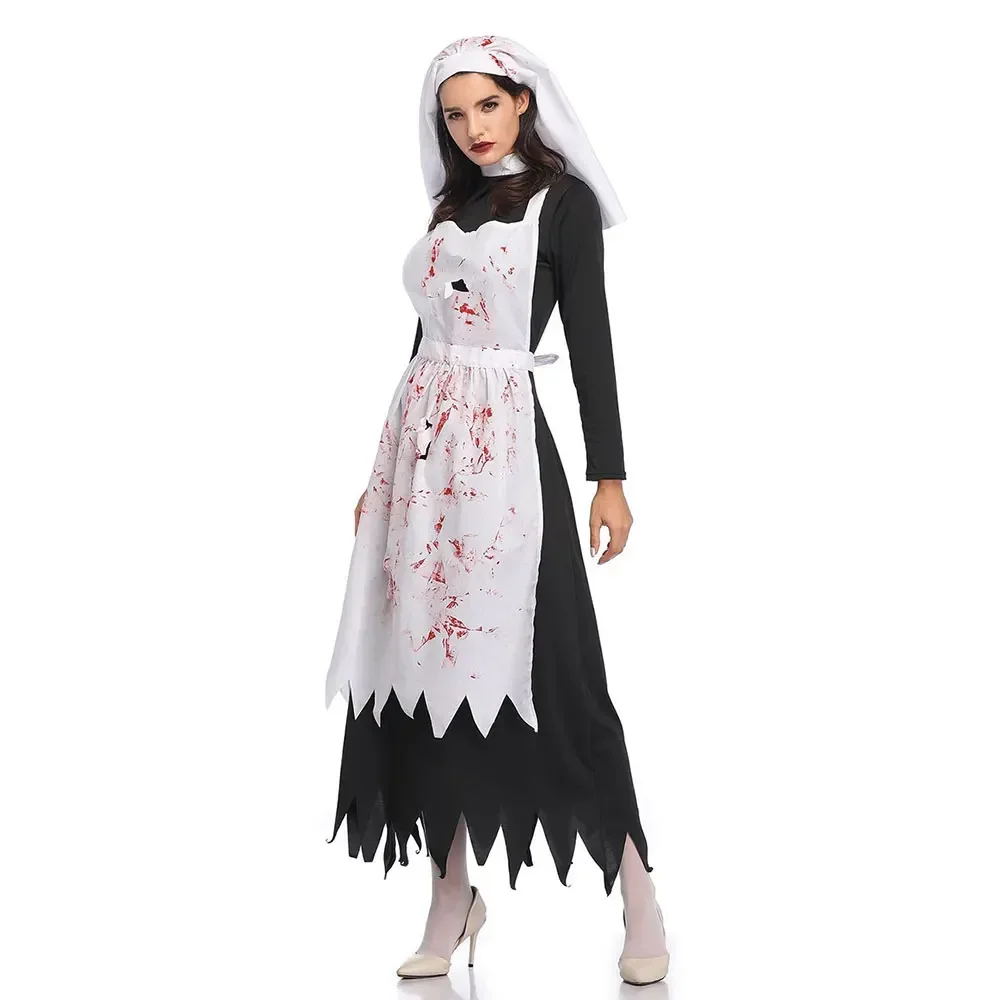 Horror Bloody Nun Kostuum Cosplay Enge Vrouwen Halloween Party Fancy Dress