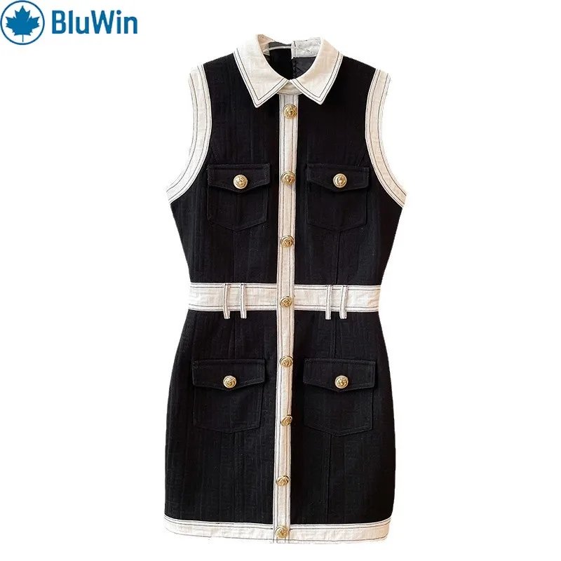 

BluWin Contrast Trim Tweed Mini Dress Women Sleeveless Shirt Collar Button Down Belted Utility Style