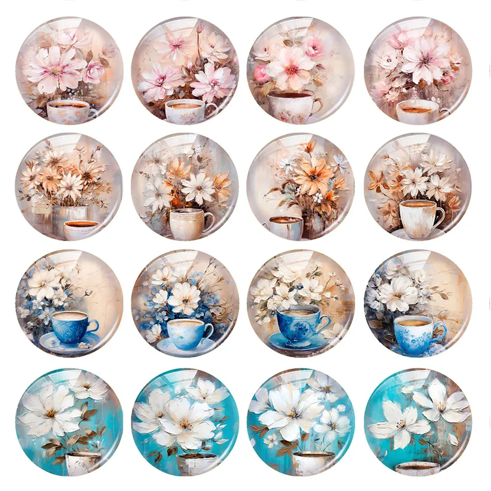 Random Mixed Round/Oval/Square Flower Coffee Tea Oil Painting Photo Glass Cabochon Flatback Demo Cameo For Diy Jewelry Making