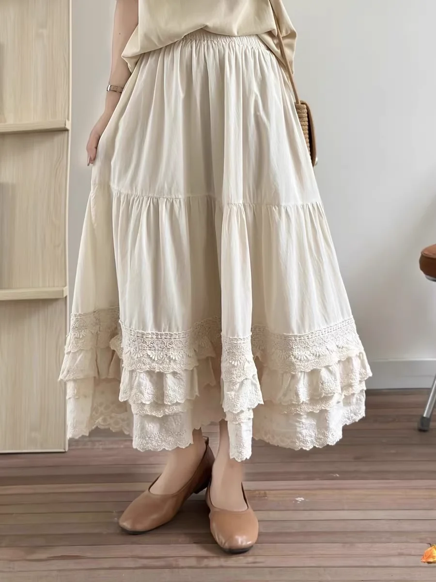 

2026 японский стиль Mori Girl, кружевная хлопковая юбка в стиле ретро, женские осенне-весенние кружевные длинные юбки с эластичной резинкой на талии и вышивкой