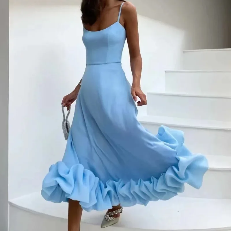 Women Ruffled Maxi Dress Summer Sleeveless Backless Elegant Female Dresses French Holidays Spaghetti Long Bohemia Robe