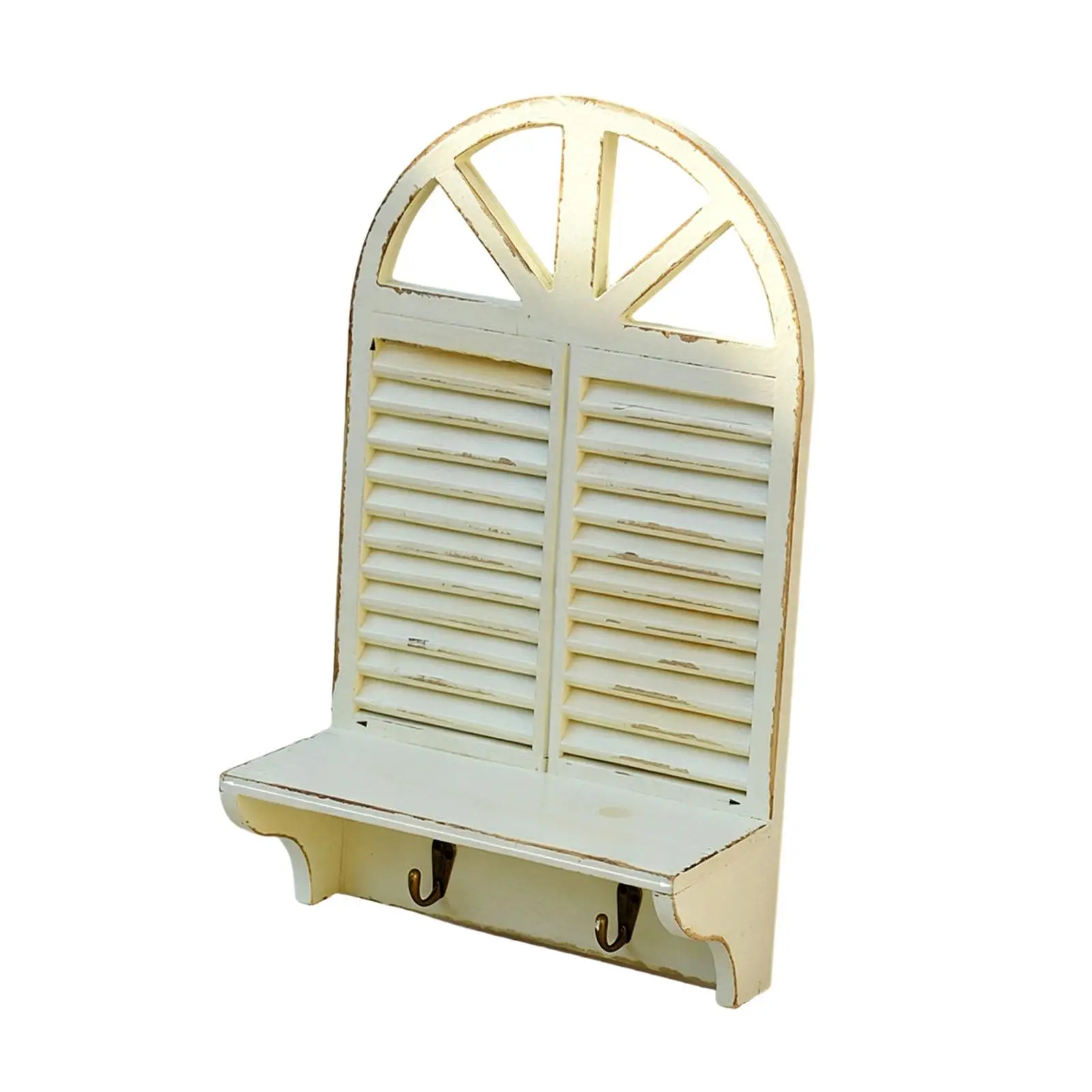 Imitation Window Arched Wooden Shelf Vintage Wall Mounted Key Hooks Organizer for Entryway Kitchen Bedroom Home Decor