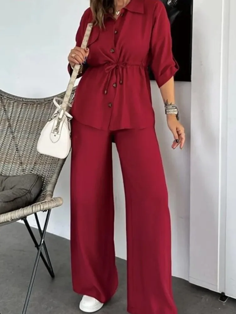 

New Fashion Lace Up Shirt Women's Long Sleeve Suit Casual Autumn Baggy Drawstring Shirt Pants Female Office Two Piece Set