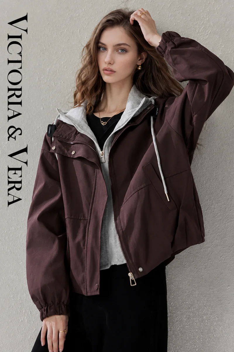 Women's Faux Two‑Piece Hooded Jacket, Casual Loose Short Windbreaker, Drawstring Hoodie Layered Utility Outerwear For Fall Winte