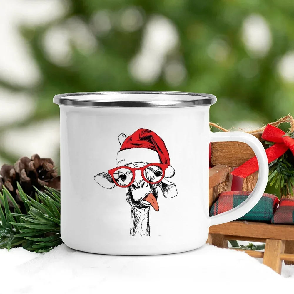 Handle Enamel Mugs Santa Hat Animal Dog Cat Print Creative Coffee Cup Christmas Party Drink Wine Beer Juice Milk Cups Xmas Gifts