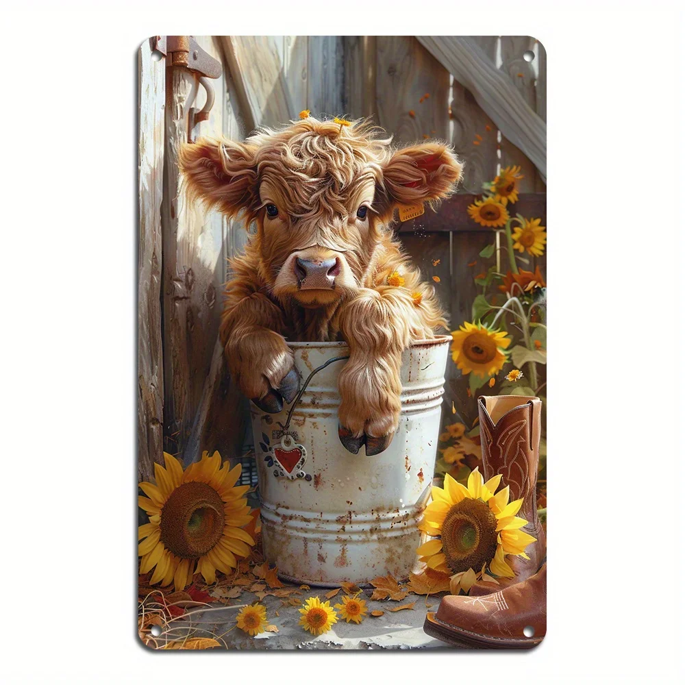 Adorable Highland Calf with Sunflowers Vintage Tin Sign Aluminum Wall Art - Rustic Farm Decor for Home,Bar, , Multipurpose Retr