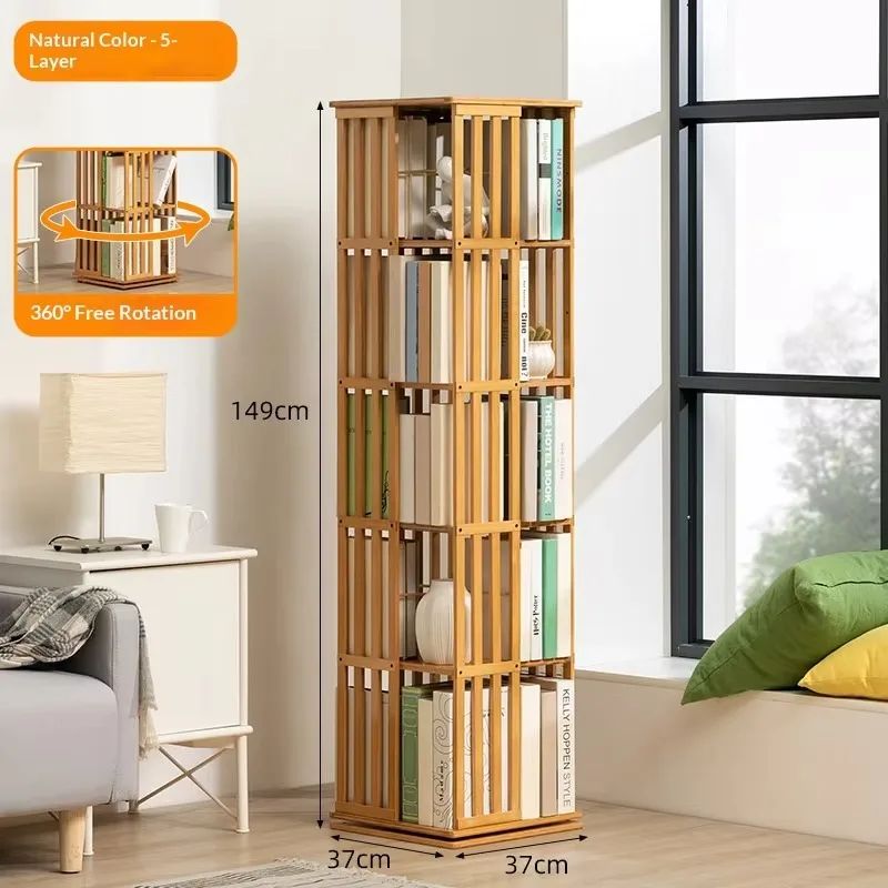 Rotating 360-Degree Modern 5-6Shelf Bamboo Bookshelf Children's Picture Bookcase Storage Invisible Student Floor-Standing Rack