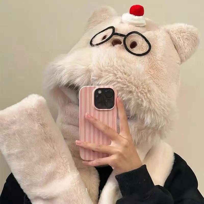 3Pcs Women Winter Set Korean Style Cute Bear Cherry Glasses Plush Hat Scarf Gloves Thickened Trapper Earflap