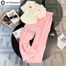 Fashion Casual Sports Suit Women's Spring and Summer New Style Stylish Short Sleeved Top Pink Wide Leg Pants Two-piece Set