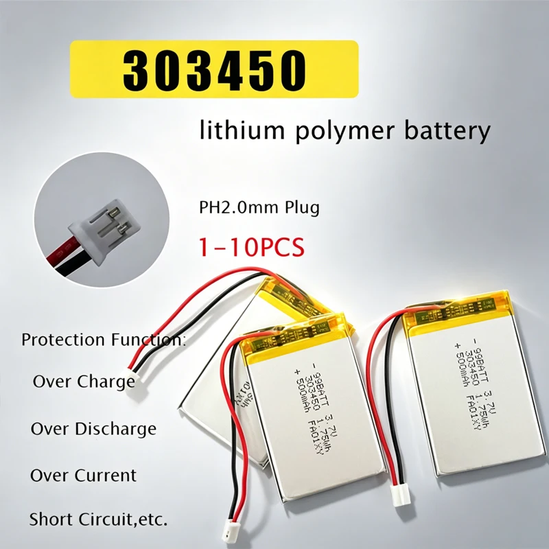 3.7V 500mAh 303450 Rechargeable Polymer Lithium Ion Battery for DVD Drive Recorder Intelligent Makeup Mirror Remote Control Toys