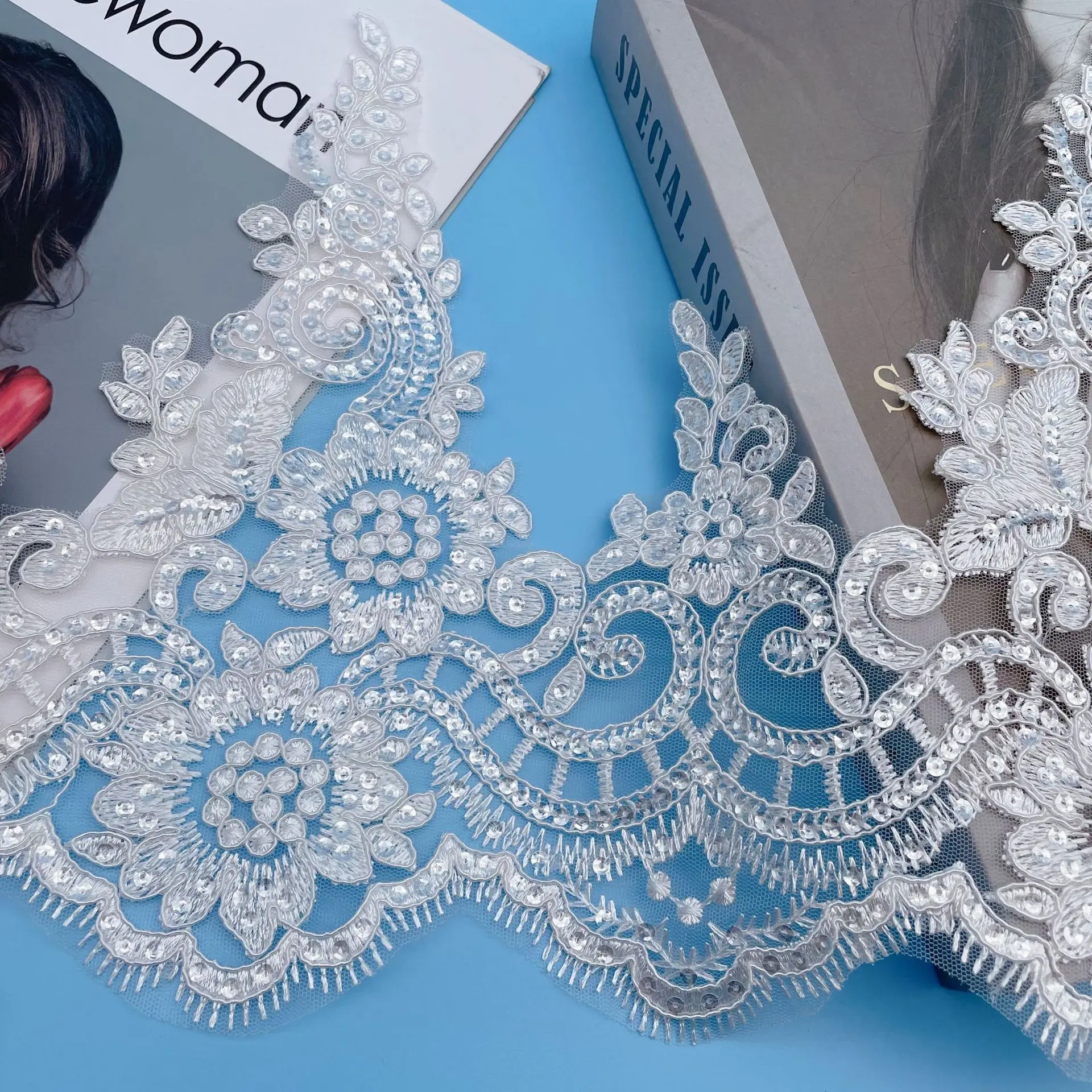 1 Yard 27cm wide Ivory Sequin Cording Fabric Flower Venise Venice Mesh Lace Trim Applique Sewing Craft for Wedding Dec.
