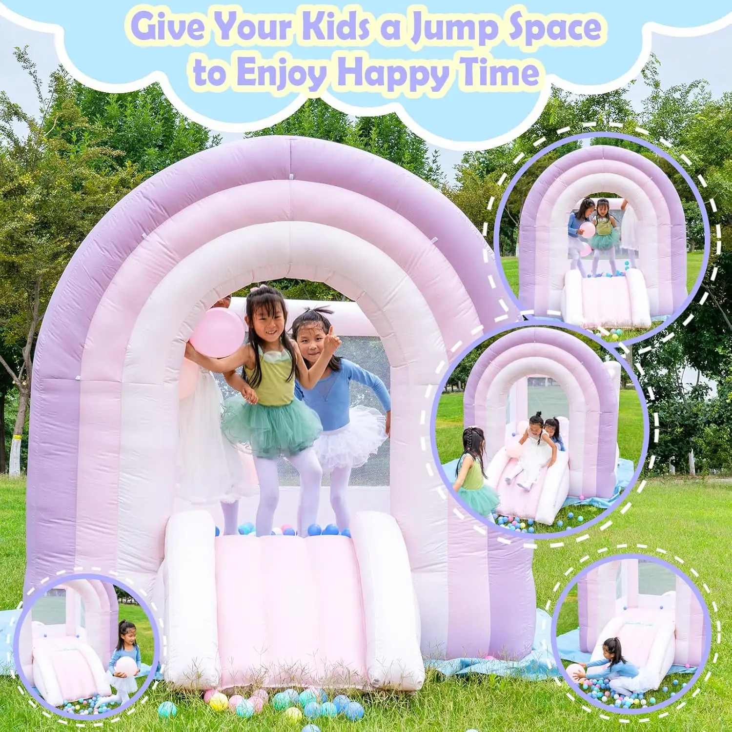 Casa de rebote mágica de arcoíris, casa de rebote para niños con tobogán, casa hinchable rosa para interiores y exteriores, soplador incluido, 8 pies de largo x 6 pies de ancho x 6 pies de ancho