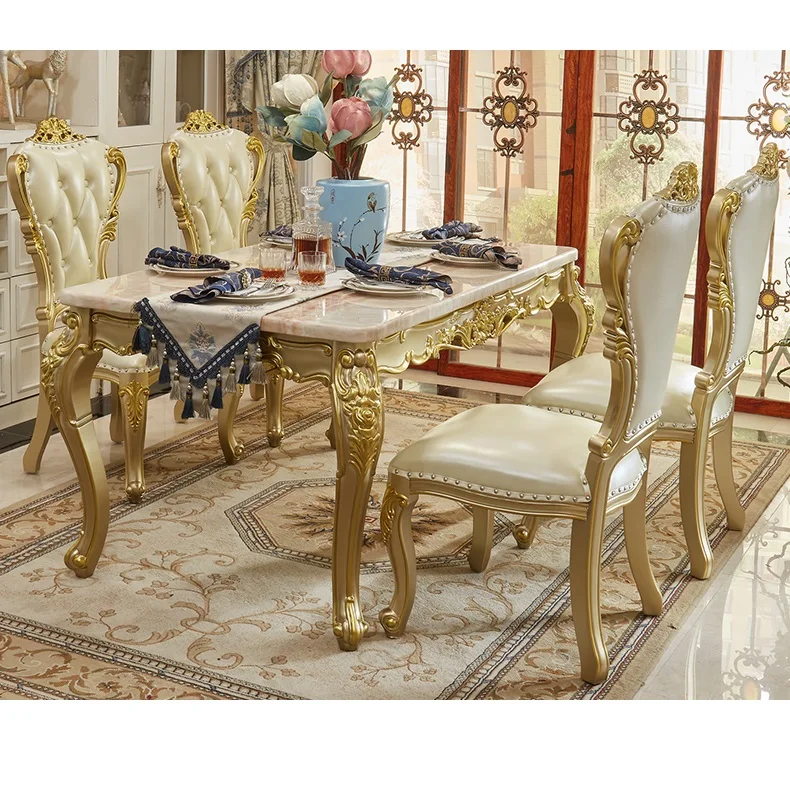 Luxury Noble Gold Solid Wood Carved Frame Rectangular Dining Table Set with Marble Top & Chair Combination for Restaurants Home