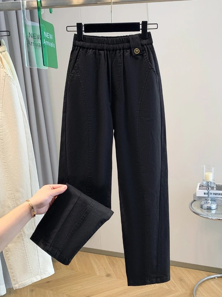 New women's elastic high waisted Harun pants spring new solid color casual commute versatile nine cropped straight leg pants