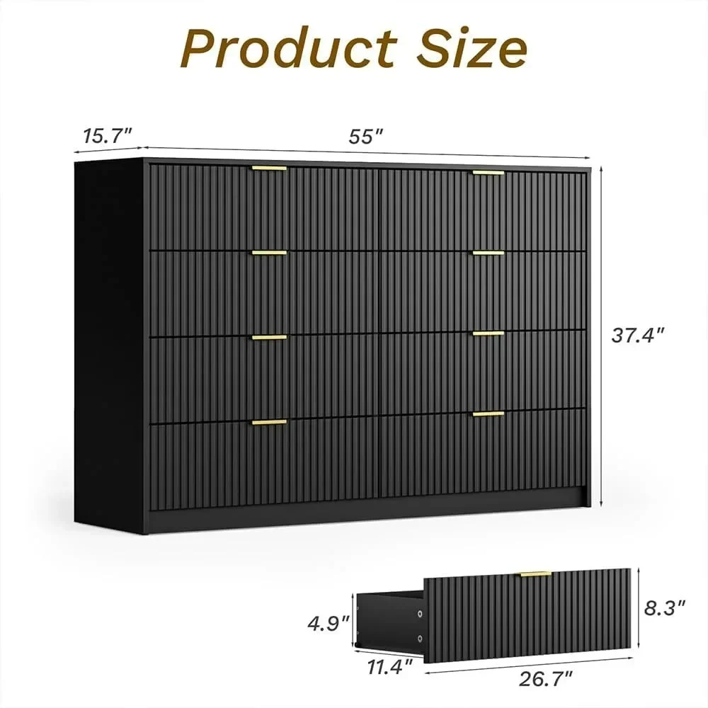 55" Wide Dresser Bedroom, Fluted 8-Drawer Double Dresser with Gold Handles, Modern Tall Chest of Drawers for Bedroom, Dressers image 2