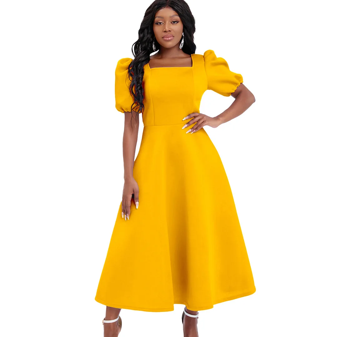 

Summer 2022 Fashion African Women Short Sleeve Square Collar Yellow Blue Orange Polyester Knee-length Dress African Dresses