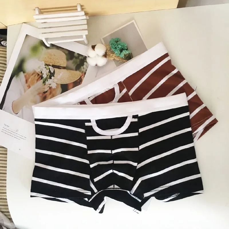 Men's Underwear Pure Cotton Boxers Student Youth Low Waist Boys Sexy Breathable Latest Summer Trendy Stripe Trunk Underpants