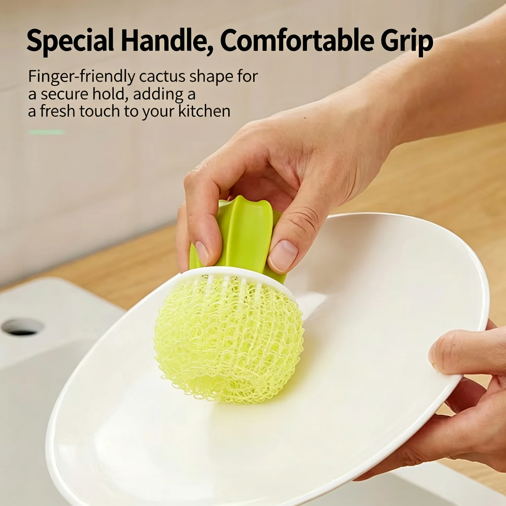 Household Kitchen Cleaning Brush Cactus Dish Washing Brush Potted Plant Washing Pot Brush with Handle Nano Cleaning Ball Gradual