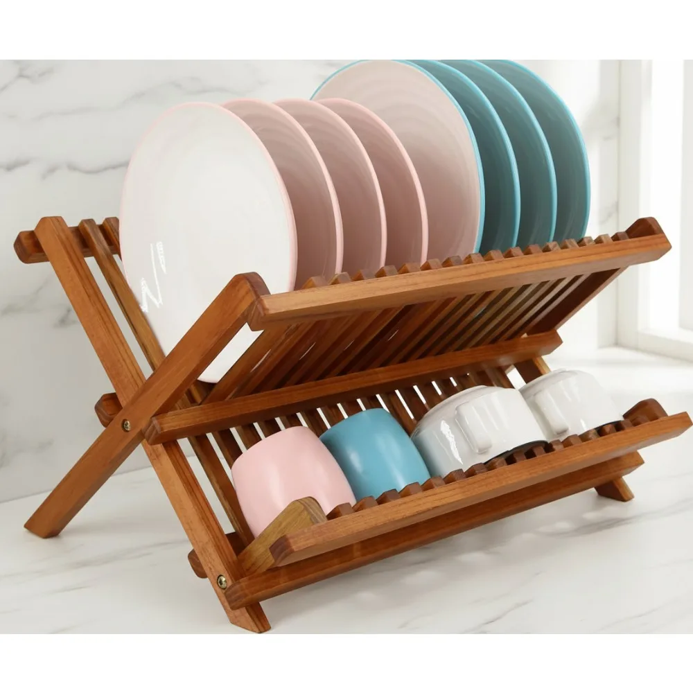 

Складная двухуровневая сушилка для посуды из тикового дерева, складной органайзер для тарелок, компактная экономия места на кухне