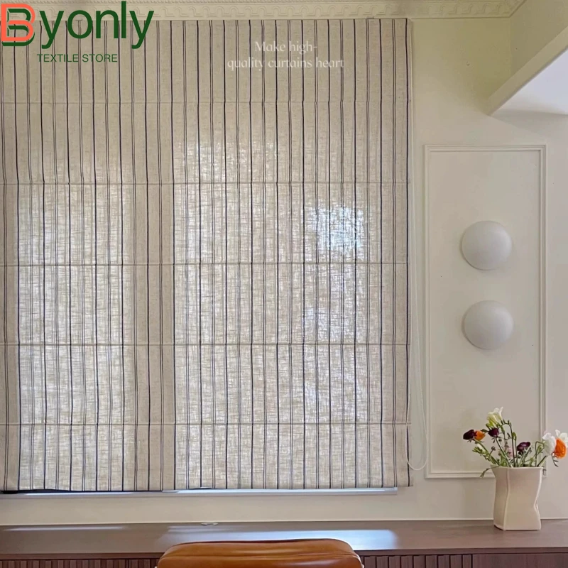Korean Linen Cream Blue and White Striped Roman Curtains for Living Room Bedroom Stretch Curtain Partition Decorative Curtain