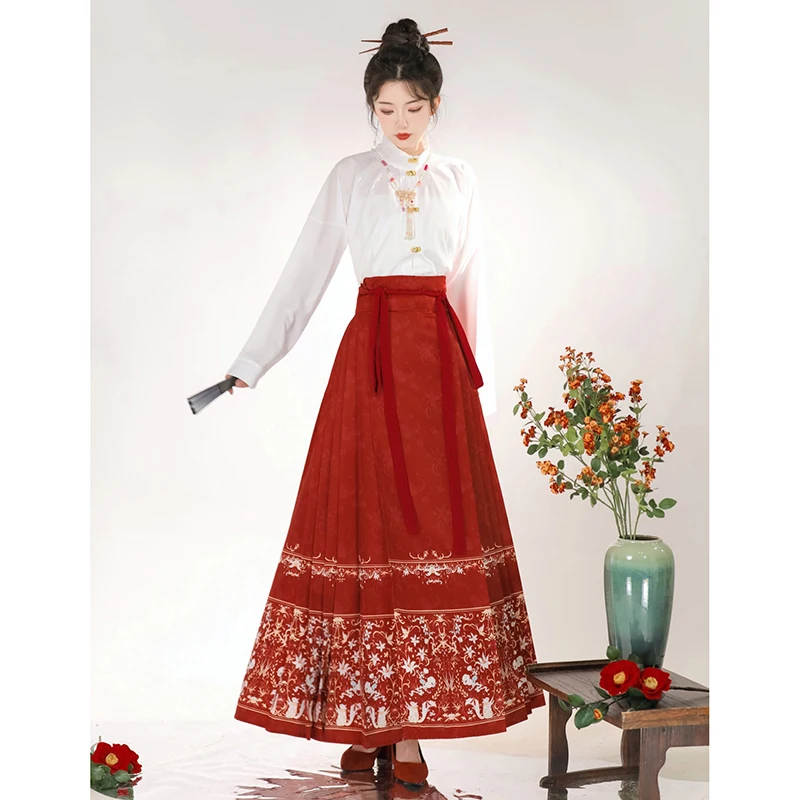 Vintage Hanfu Horse Face Skirt Women Chinese Traditional Hanfu Stand Collar Cardigan Shirt Red Black Pleats Skirt MaMian Dress