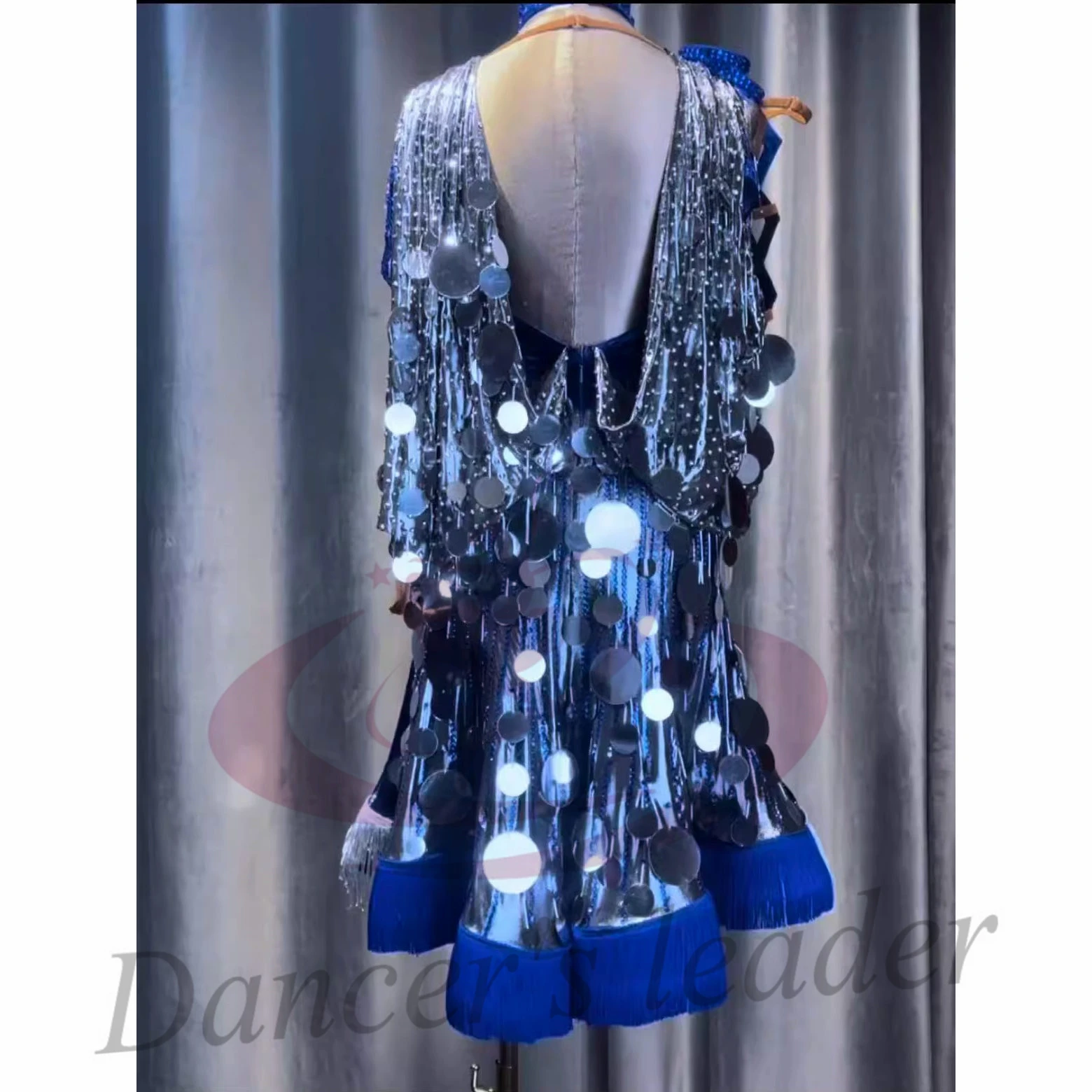فستان راقص لاتيني للأطفال البالغين عالي الجودة مخصص بالترتر، أزرق ياقوتي مخملي تانجو سامبا AB Stone Performance
