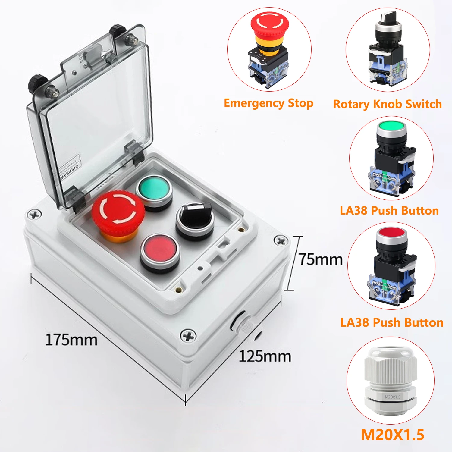 ABILKEEN Outdoor IP67 Waterproof Switch Junction Box 4 Hole Push Button Box LA38 Push Button/Rotary Knob Switch/Emergency Stop