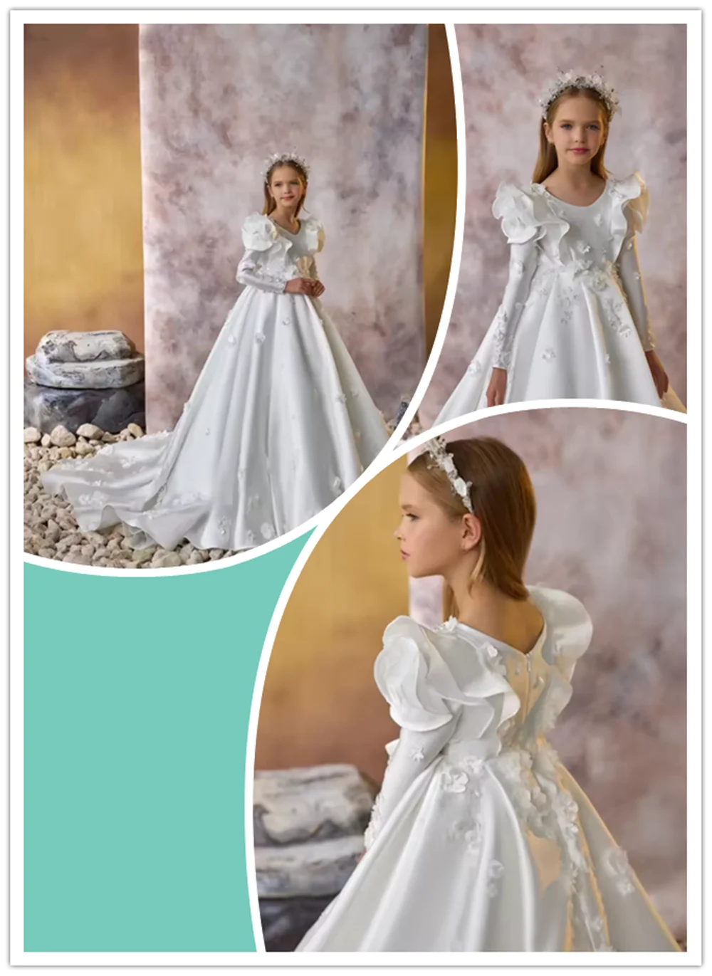 

Exquisite White 3D Flower A-line Satin Princess Gown For Celebrity Activities Elegant O-neck Long Sleeve Girls Dresses On Sale