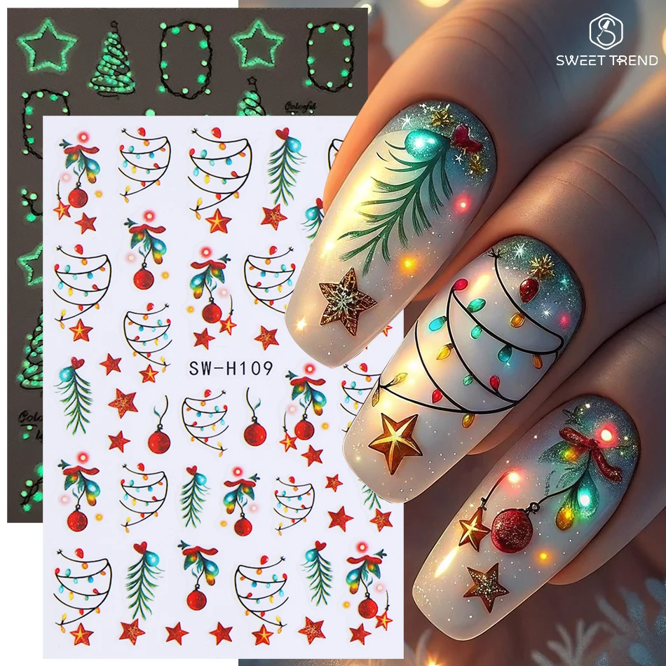 2 Stück Leuchtende Weihnachts-Nagelkunst-Aufkleber, Leuchtender Weihnachtsbaum, Lampe, Kugel, Stern, Nagelsticker, Winter-Feiertags-DIY-Maniküre-Deko