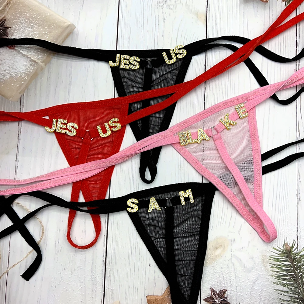 Custom Name Thong Sexy Women G-string Crystal Thongs Name Personalized Letters Lingerie Underwear Panties Jewelry Gift Birthday