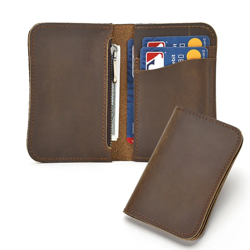 Vintage Crazy Horse Leather Short Zipper Coin Purse Double-Fold Card Holder Walletcard holder wallet Retro Card Box