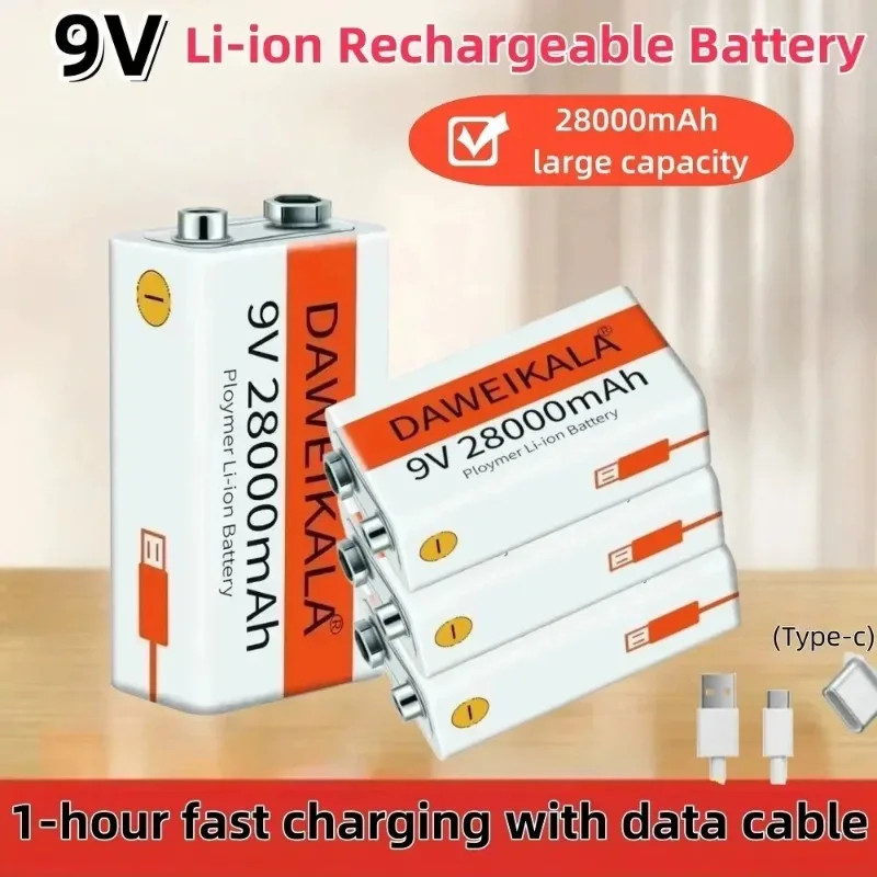 Factory direct 9V 28000mAh rechargeable lithium-ion battery with USB Type-C charging cable, suitable for multimeter microphones