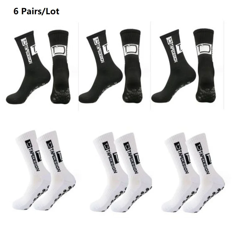 6 Pairs/Lot 2024 New ANTI SLIP Tapedesign Football Socks Mid Calf Non-Slip Soccer Sport Cycling Sports Men\'s Women Sock EU38-44