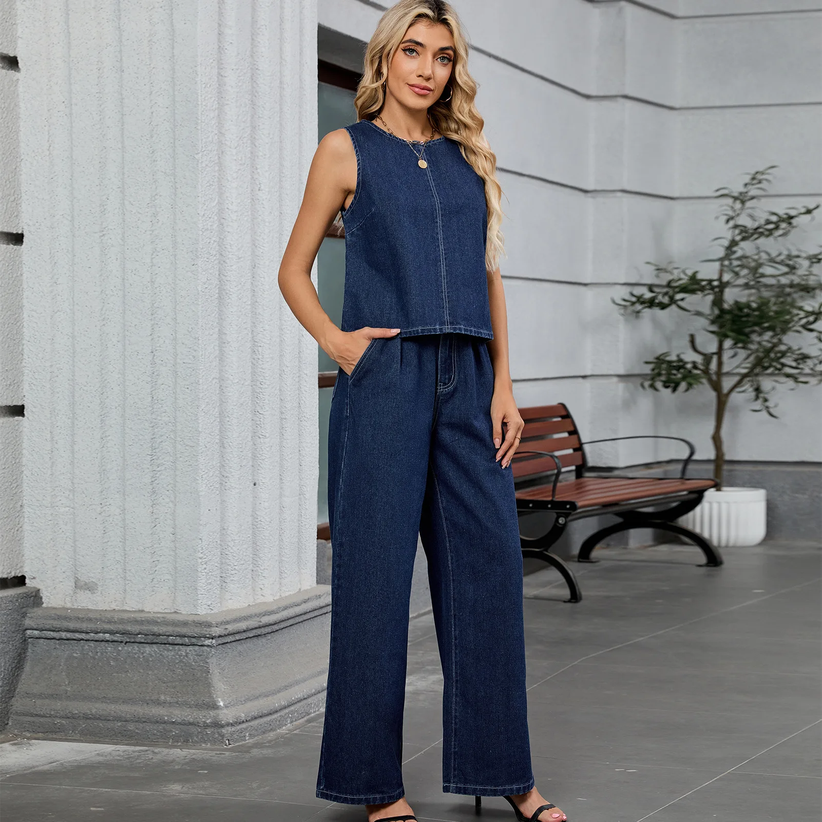 여성 팬츠 세트 2피스 O넥 데님 베스트 풀오버+와이드 레그 진 2025 신상 유럽 스타일 솔리드 여성 의상 세트