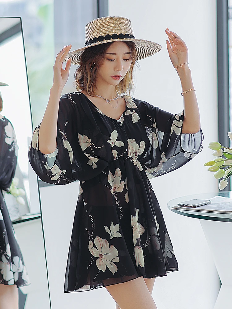 

Retro Long Sve Loose plus Size Bikini Tee Piece Set for Hot Springs Conservation Loose Two Piece Swimsuit V Ne Nine Sl...