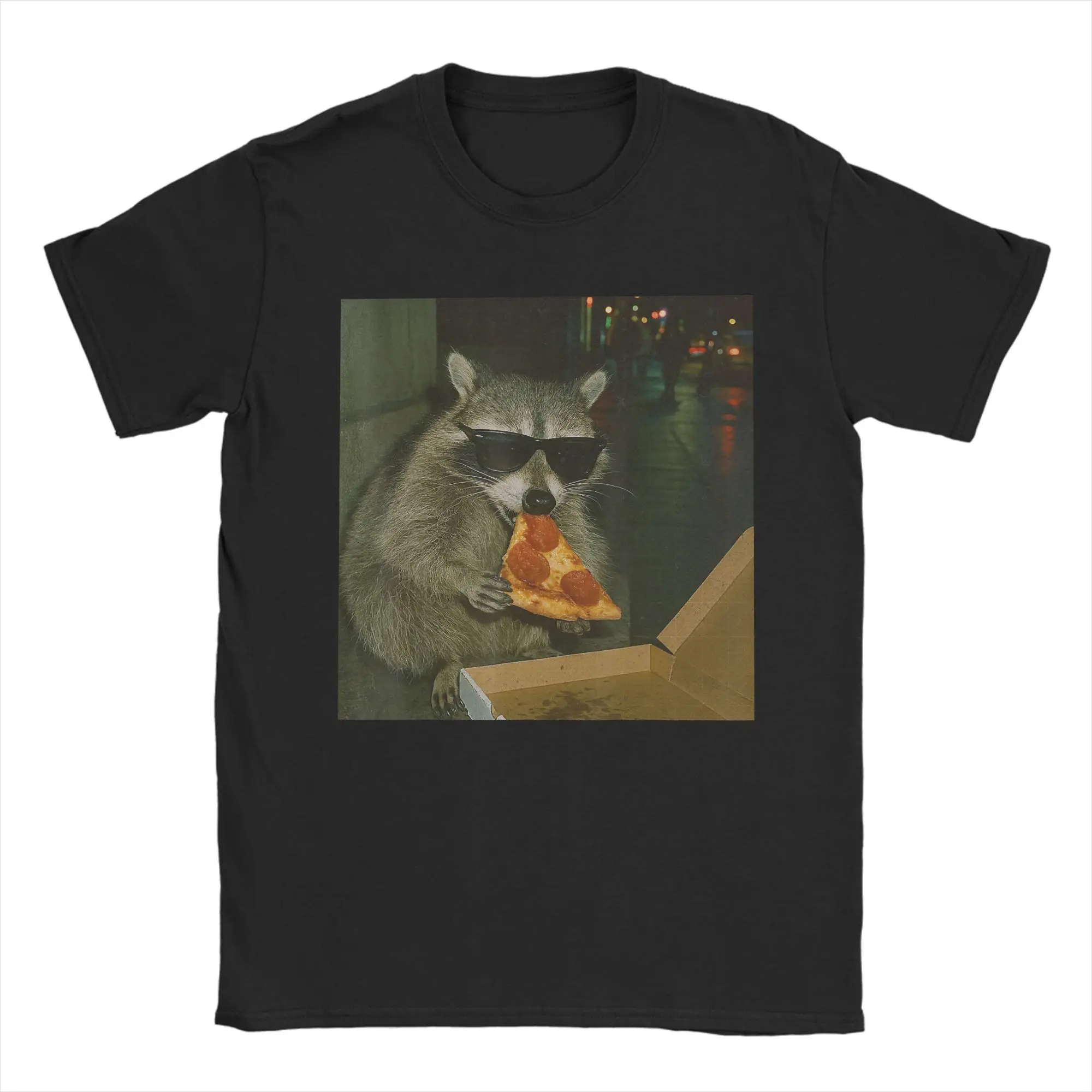 Camiseta gráfica con estampado de mapache comiendo pizza para mujer, camiseta informal de manga corta con estampado de animales y comida para amantes de los animales y la comida