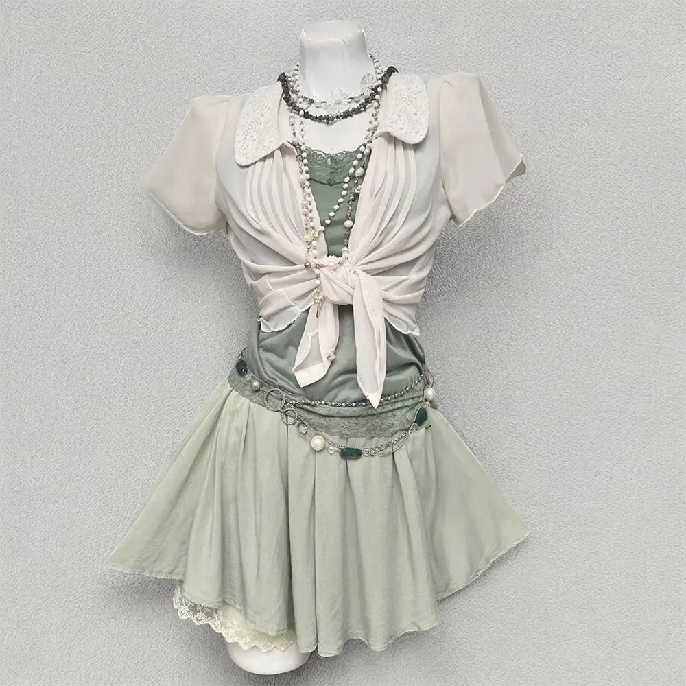 

Women's Summer Vintage Style Layered Blouse + Cute Mini Skirt 3PC Outfit