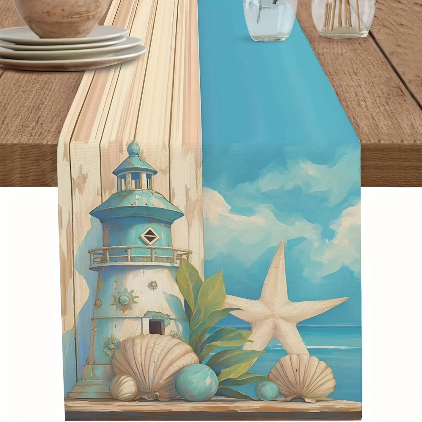 

Coastal Lighthouse Linen Table Runner Ocean Beach Design with Starfish & Seashells Farmhouse Style for Dining Coffee Table