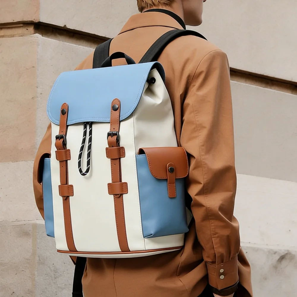Neuer modischer Herrenrucksack, großer Reiserucksack für Männer, Patchwork-Leder-Klapprucksack, Laptop-Tasche, Herren-Tagesrucksack, Schultasche – Detail 6